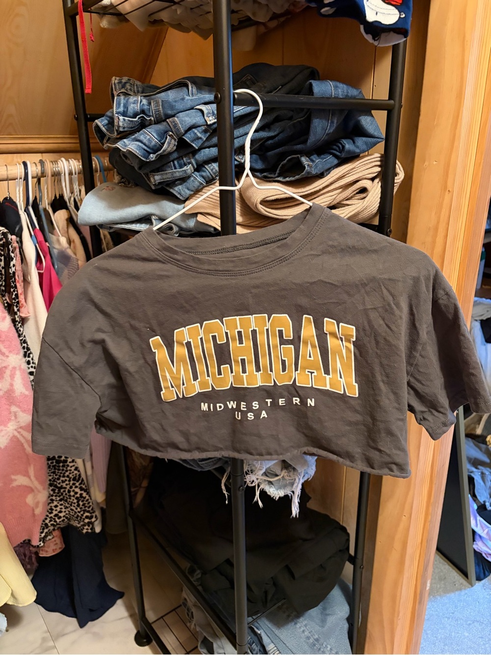 Source Unknown Gray Cropped Tee with Gold MICHIGAN Print